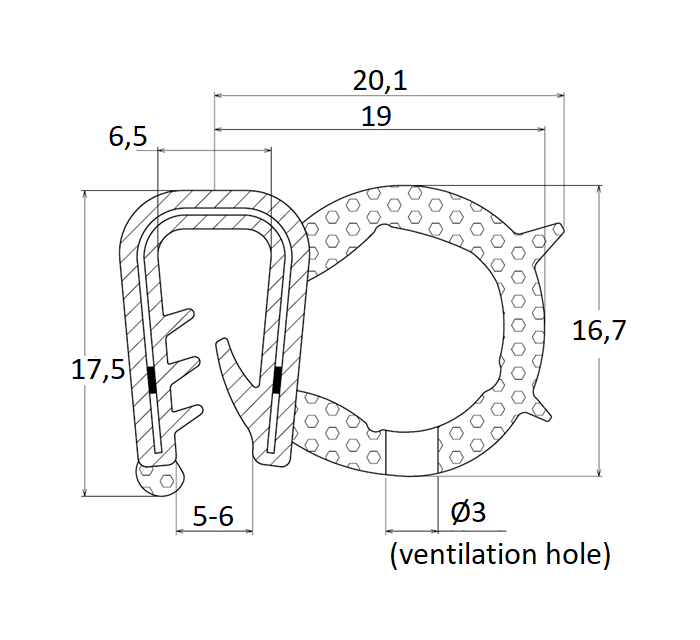 Edge profile w/side bulb, black EPDM, clamping width = 5 - 6 mm