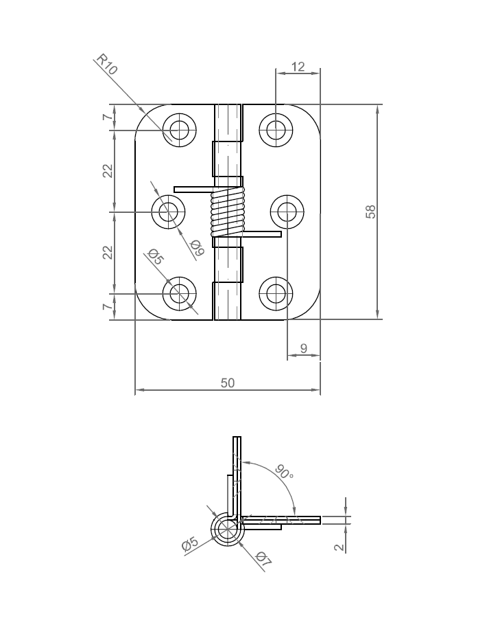 Spring hinge, stainless steel, open, not adjustable, L=58, B=50, H=8,7
