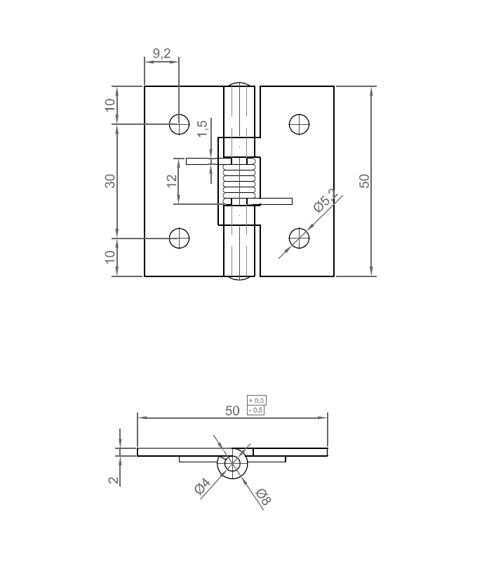 Spring hinge, stainless steel, open, not adjustable, L=50, B=50, H=9