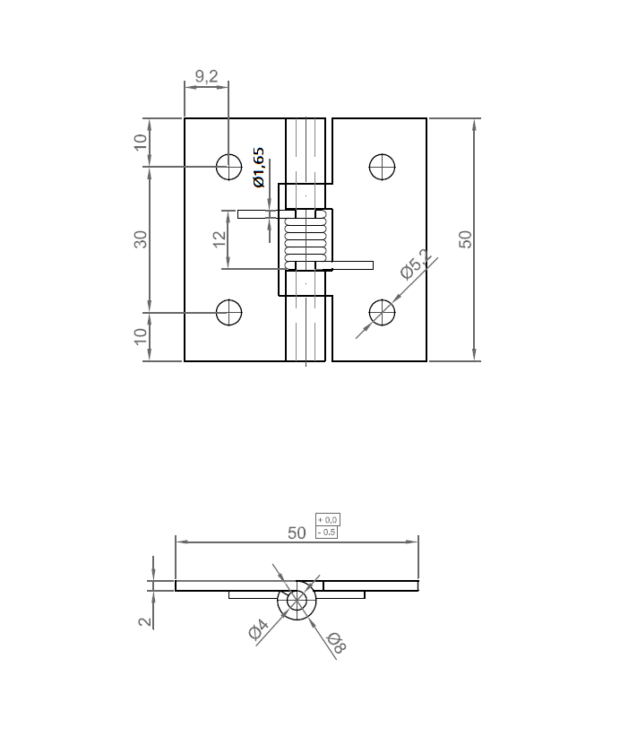 Spring hinge, stainless steel, open, not adjustable, L=50, B=50, H=10