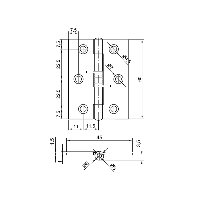 Spring hinge, stainless steel, open, not adjustable, L=60, B=45, H=6