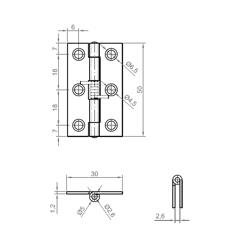 Spring hinge, stainless steel, open, not adjustable, L=50, B=30, H=5