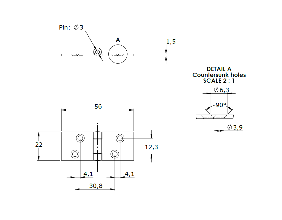 Butt hinge w/holes, stainless steel, L=22, B=60, T=1,5