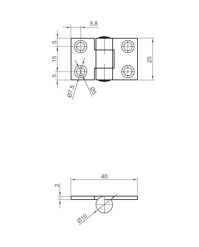 Butt hinge w/holes, stainless steel, L=25, B=40, T=2