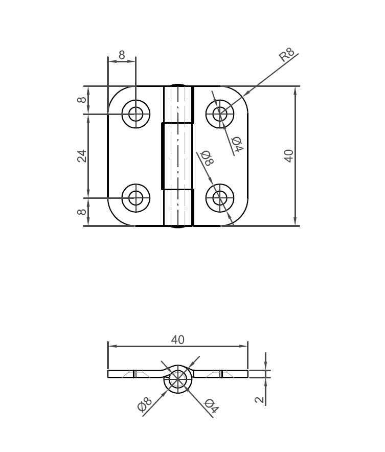 Butt hinge w/holes, stainless steel, L=40, B=40, T=2