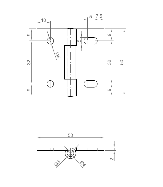 Butt hinge w/holes, acid proof stainless steel, L=50, B=50, T=2