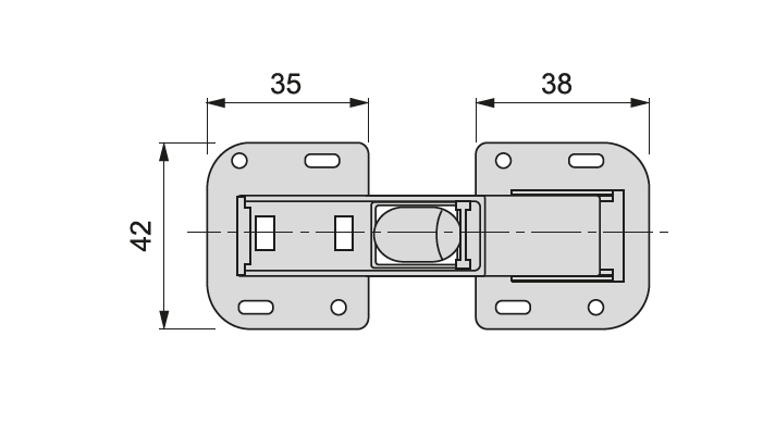 Detent hinge, steel, L=98, B=42, H=24