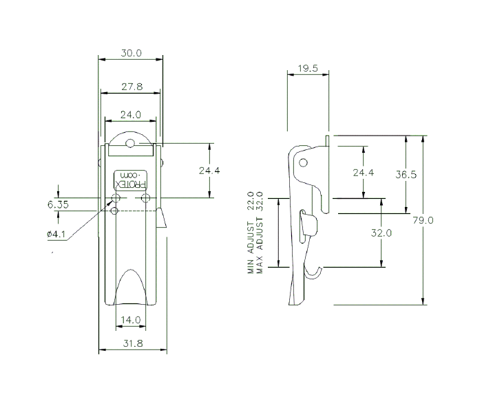 Toggle latch, steel, L=79, B=31,8, H=19,5, adjustable