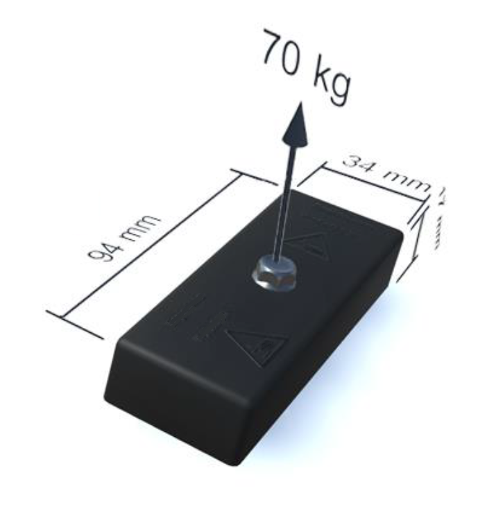 Rubber molded magnet, square, M6, H=17mm , F=700N