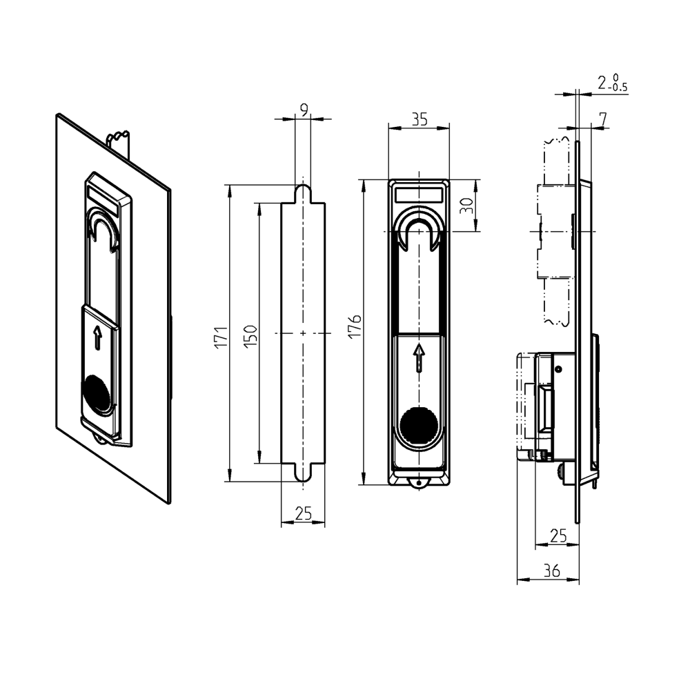 Swinghandle, glass fiber reinforced polyamide, locking set, L=176, B=35, H=7, Plate thickness=1,5-2