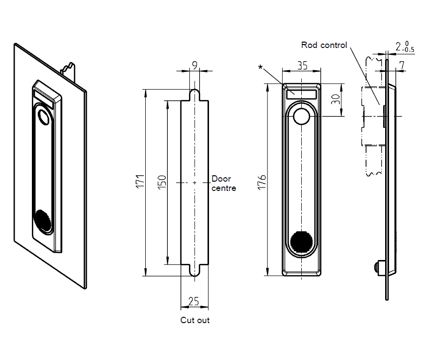 Escutcheon for swinghandle, glass fiber reinforced polyamide, insert, L=176, B=35, H=7, Plate thickness=2-2