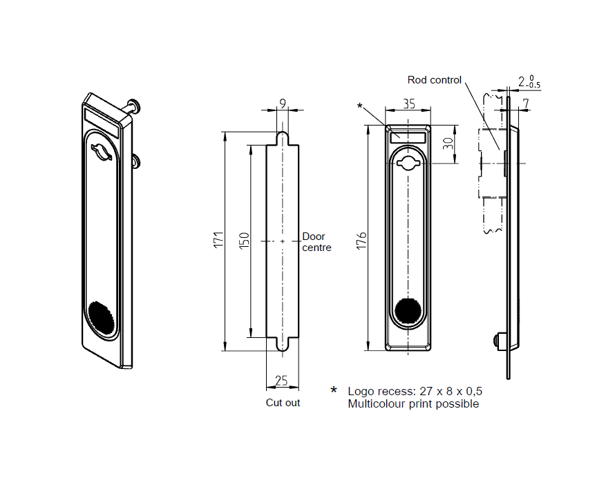 Escutcheon for swinghandle, glass fiber reinforced polyamide, insert, L=176, B=35, H=7, Plate thickness=1,5-2