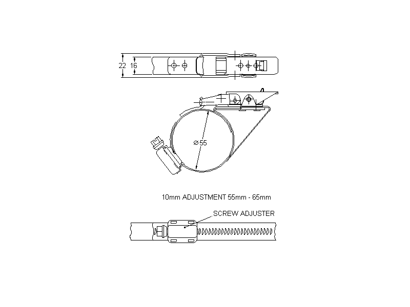 Complete hose clamp, stainless steel, Diameter range: 55-65mm