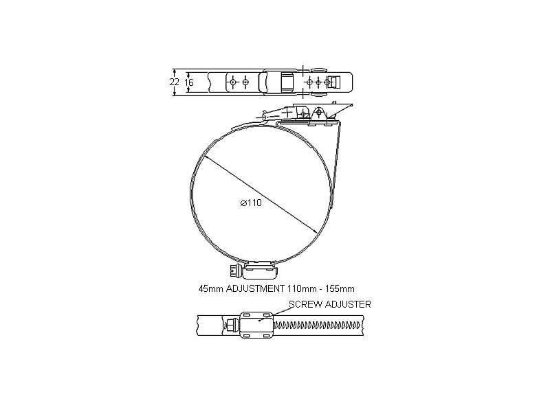 Complete hose clamp, stainless steel, Diameter range: 110-155mm