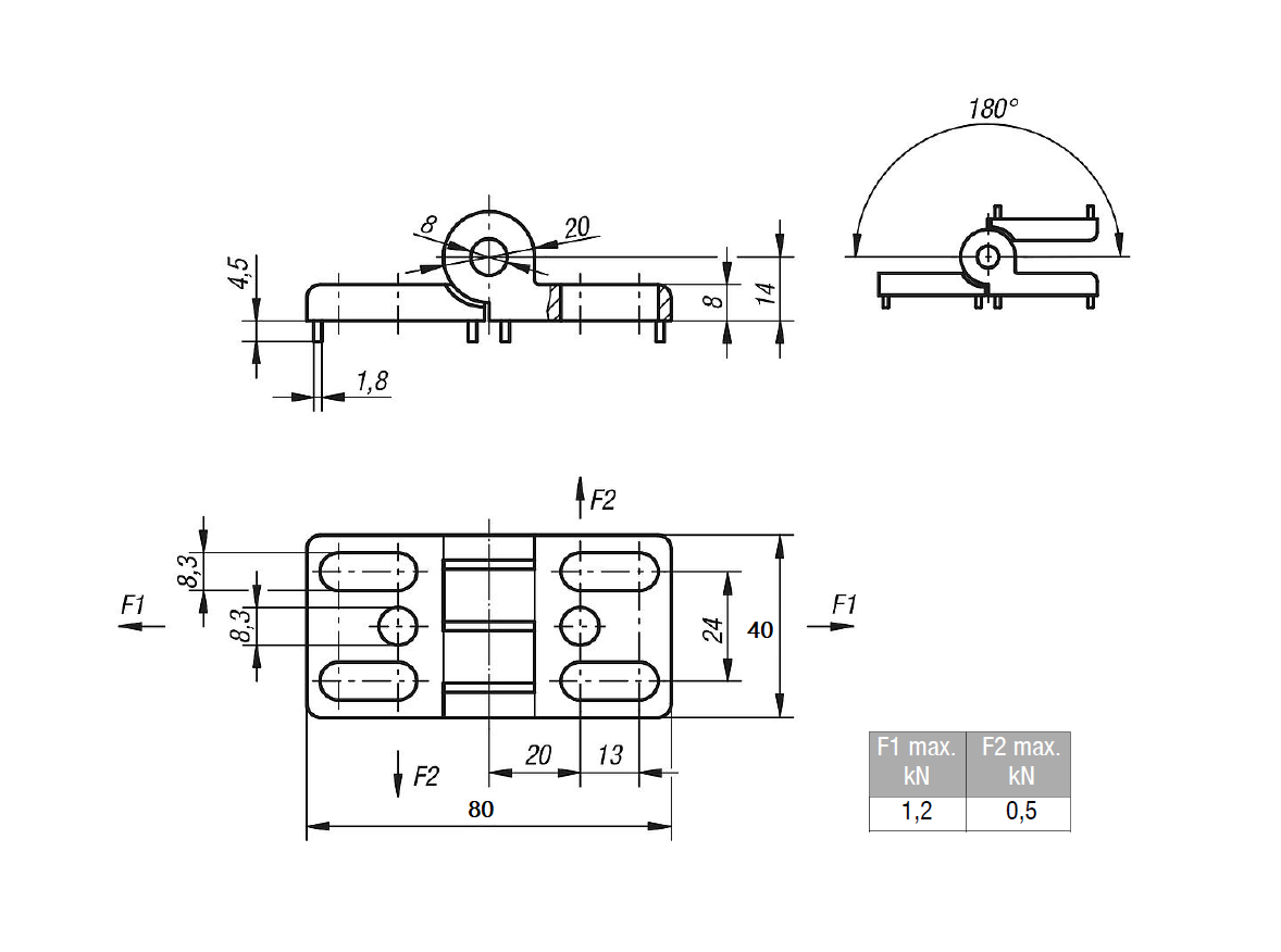 Cabinet Hinge, die-cast zinc, prominent door - visible, fixed pin, L=40, B=80, H=24