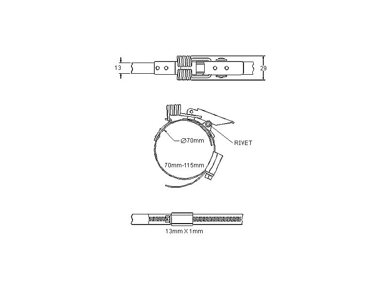 Complete hose clamp, electro zinc plated steel, Diameter range: 70-115mm, T= 1mm, spring claw
