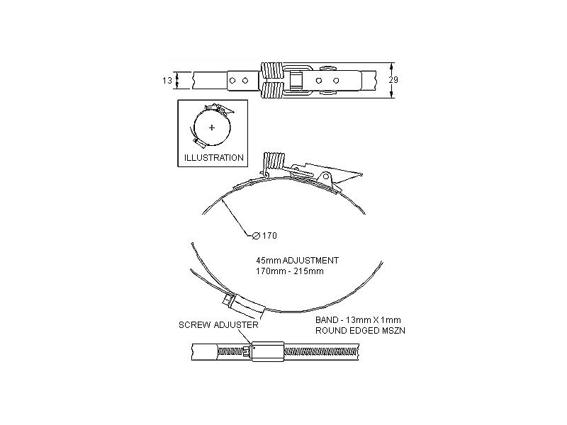 Complete hose clamp, electro zinc plated steel, Diameter range: 170-215mm, T= 1mm, spring claw