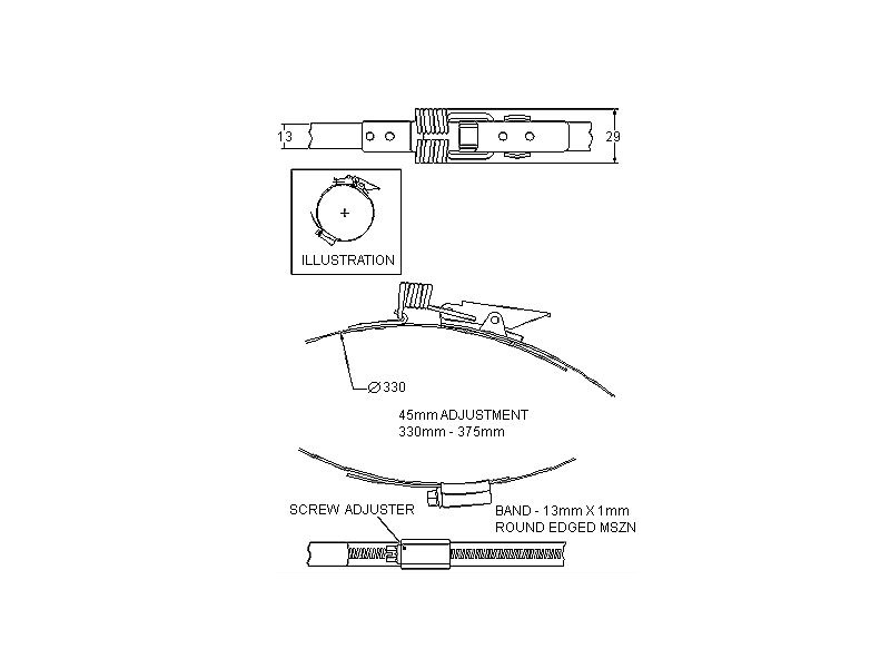 Complete hose clamp, electro zinc plated steel, Diameter range: 330-375mm, T= 1mm, spring claw
