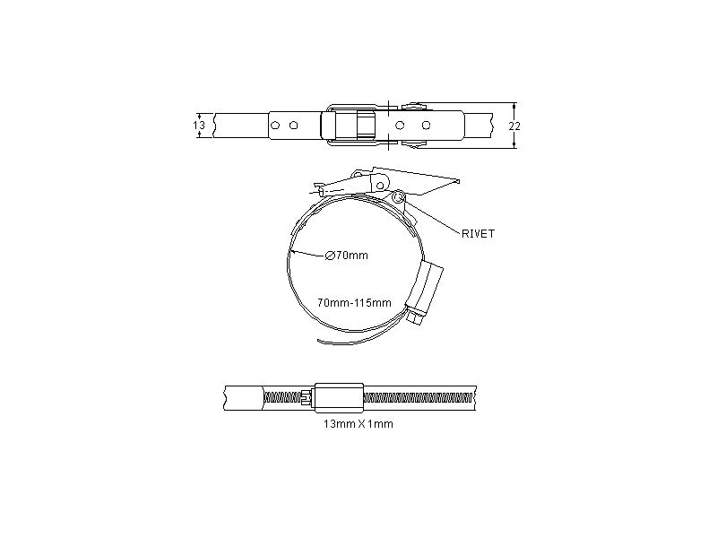 Complete hose clamp, electro zinc plated steel, Diameter range: 70-115mm, T= 1mm