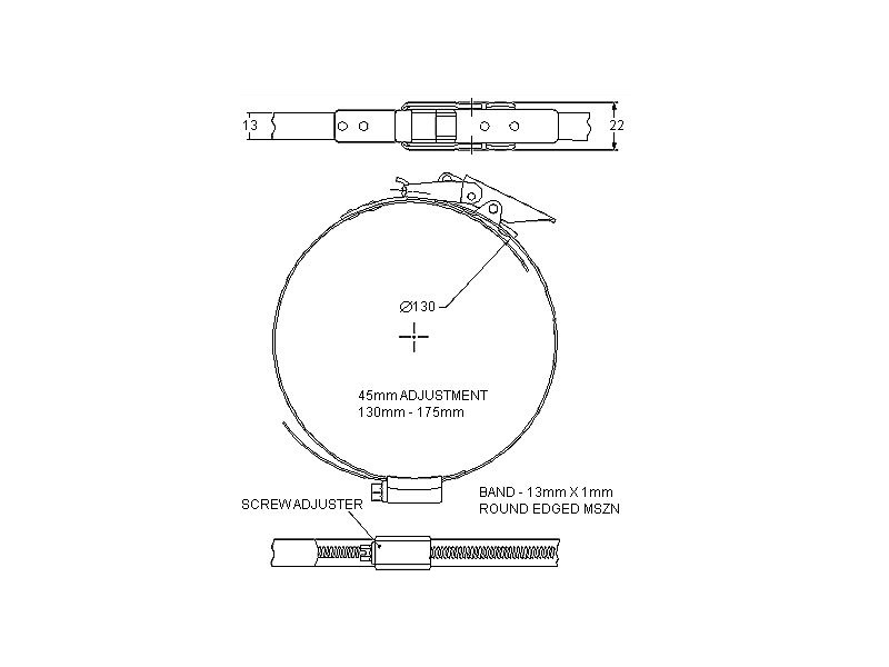 Complete hose clamp, electro zinc plated steel, Diameter range: 130-175mm, T= 1mm