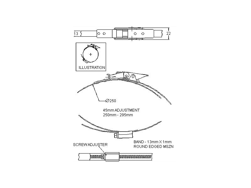 Complete hose clamp, electro zinc plated steel, Diameter range: 250-295mm, T= 1mm