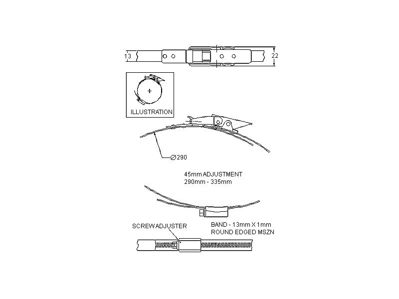 Complete hose clamp, electro zinc plated steel, Diameter range: 295-335mm, T= 1mm