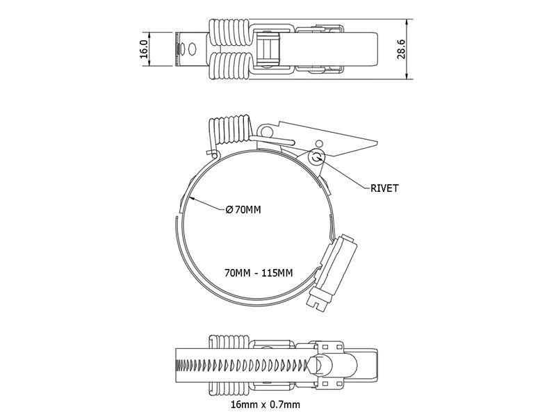 Complete hose clamp, stainless steel, Diameter range: 40-115mm, T= 0,7mm, spring claw