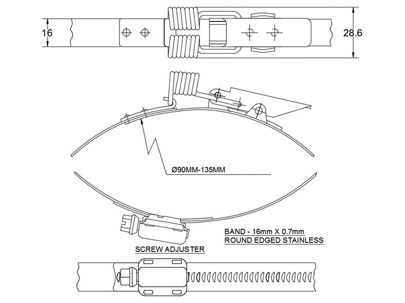 Complete hose clamp, stainless steel, Diameter range: 90-135mm, T= 0,7mm, spring claw