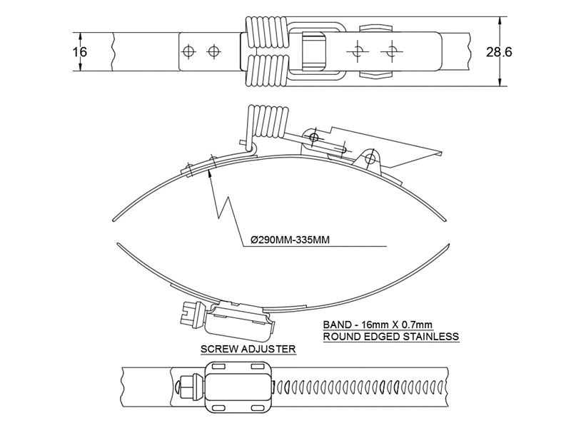 Complete hose clamp, stainless steel, Diameter range: 290-335mm, T= 0,7mm, spring claw