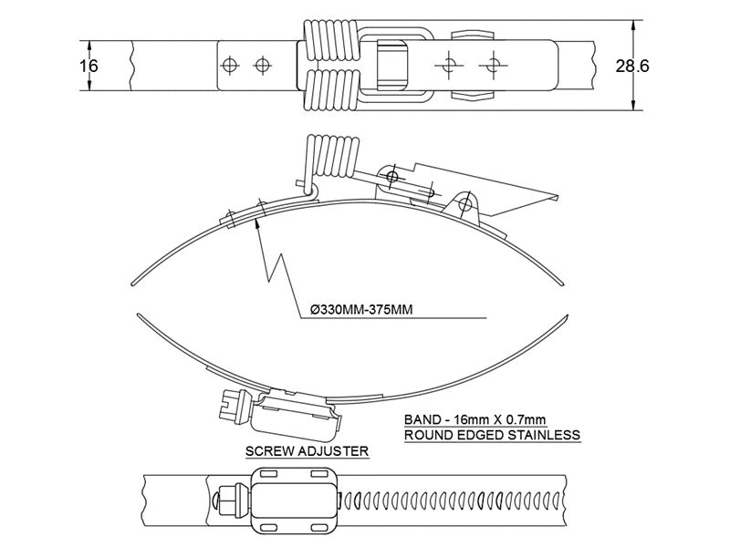 Complete hose clamp, stainless steel, Diameter range: 330-375mm, T= 0,7mm, spring claw