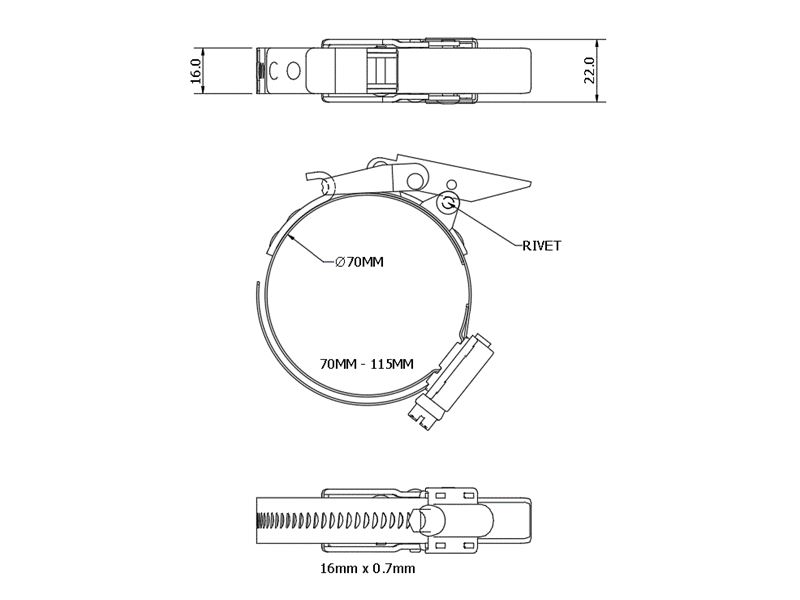 Complete hose clamp, stainless steel, Diameter range: 70-115mm, T= 0,7mm