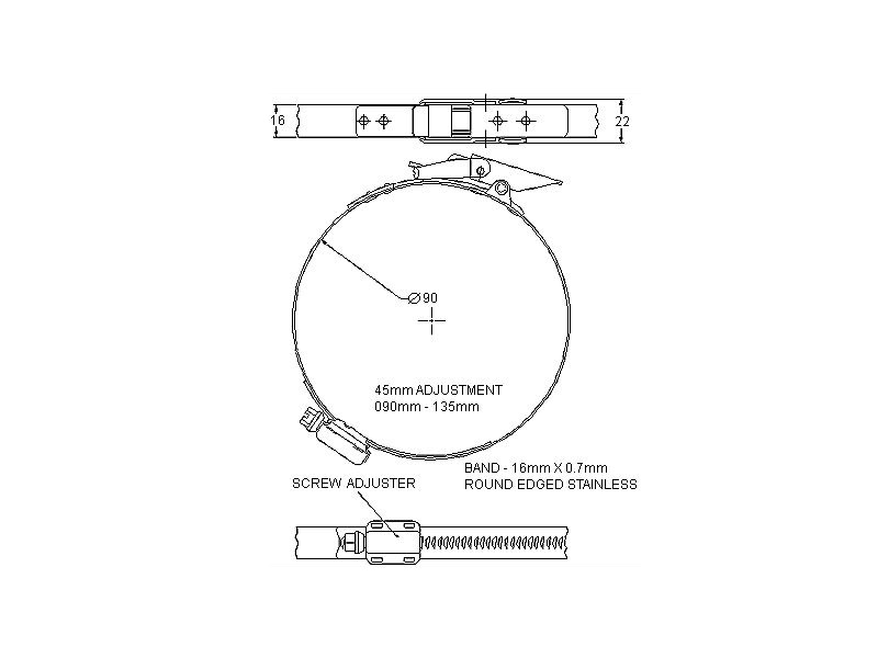Complete hose clamp, stainless steel, Diameter range: 90-135mm, T= 0,7mm