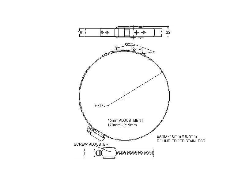 Complete hose clamp, stainless steel, Diameter range: 170-215mm, T= 0,7mm
