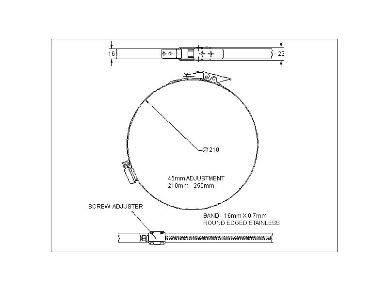 Complete hose clamp, stainless steel, Diameter range: 210-255mm, T= 0,7mm