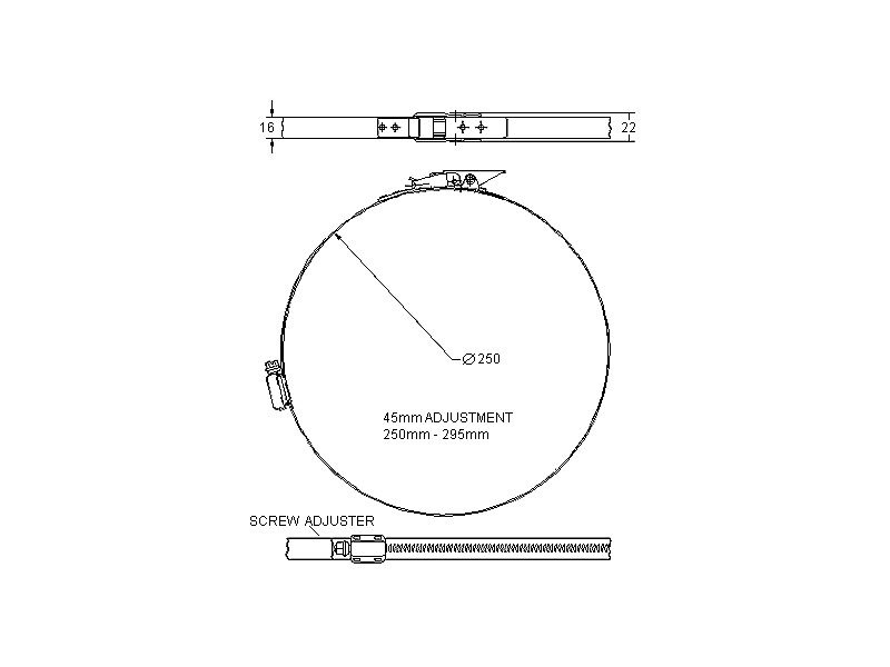 Complete hose clamp, stainless steel, Diameter range: 250-295mm