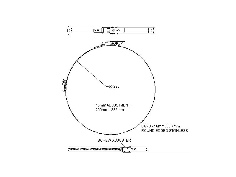 Complete hose clamp, stainless steel, Diameter range: 290-335mm, T= 0,7mm