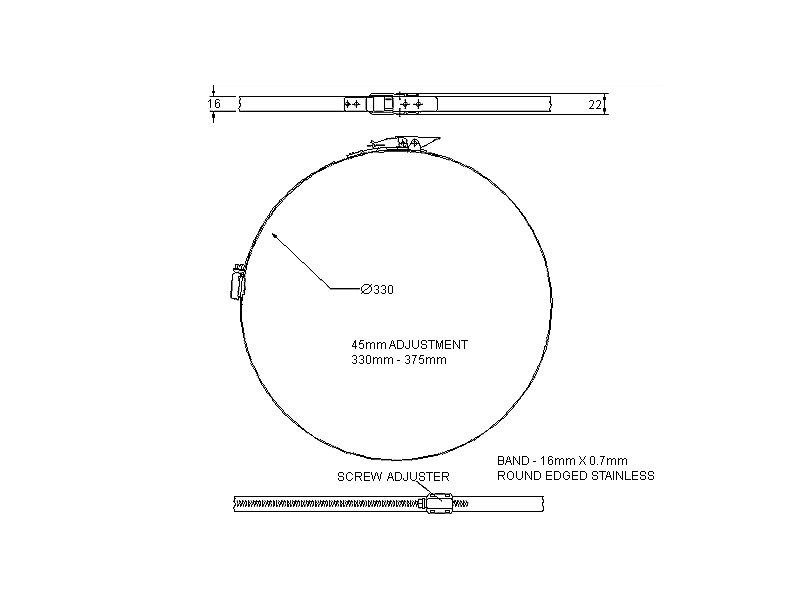 Complete hose clamp, stainless steel, Diameter range: 330-375mm, T= 0,7mm