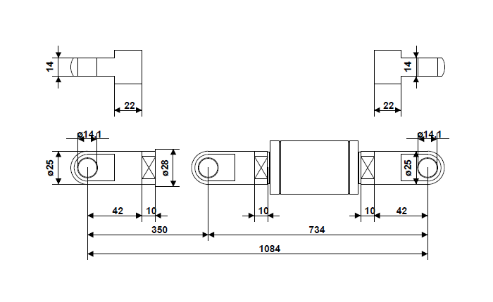 Tension Gas Springs, stainless steel, M14 thread, stroke length = 350 mm, force = 1300 N