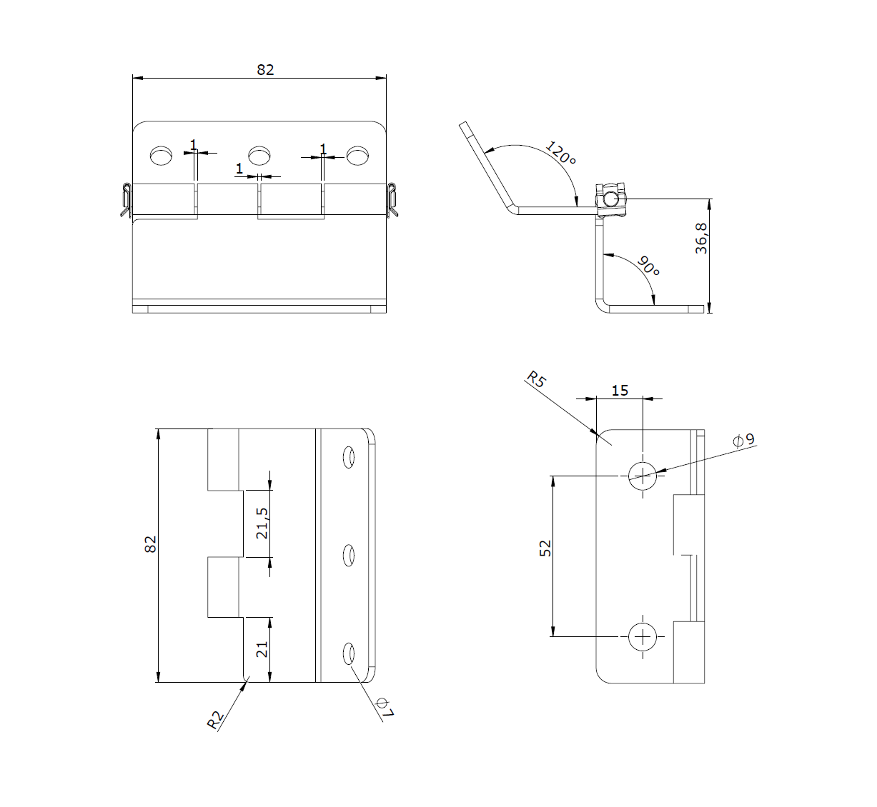 Butt hinge w/holes, stainless steel, with clips, L=82, B=108, T=2,5