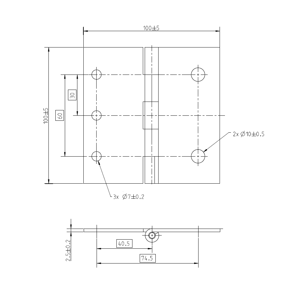 Butt hinge w/holes, stainless steel, L=100, B=100, T=2,5