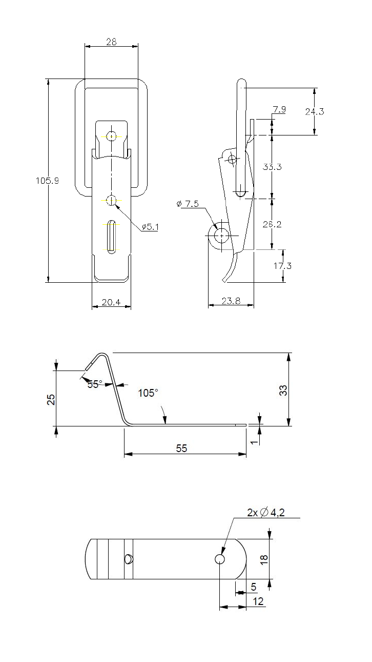 Toggle latch, stainless steel, L=105,9, B=38, H=23,8, not adjustable