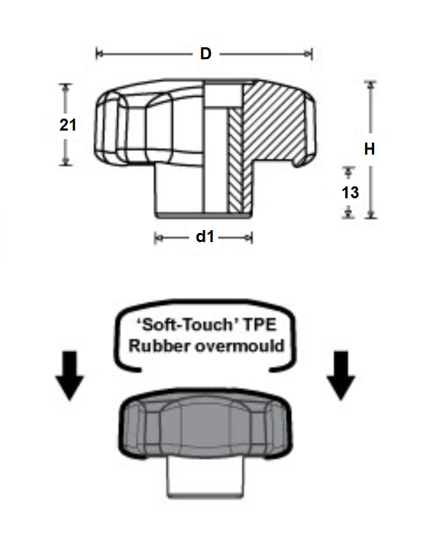 Star Knob, polypropylene, through thread M10, D=60 mm, H=34mm