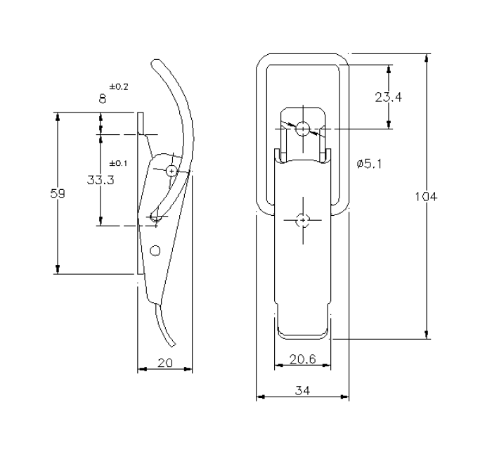 Toggle latch, stainless steel, L=104, B=34, H=20, not adjustable