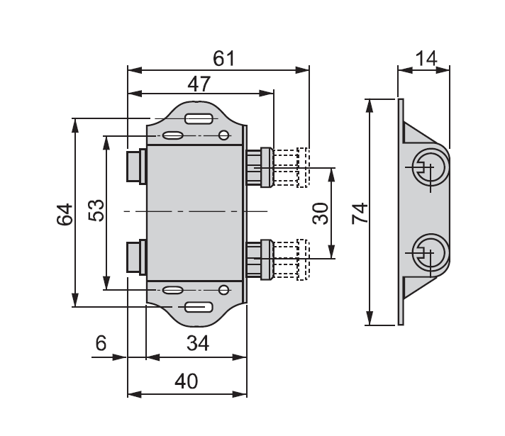 Magnetic catch, brass, screw mounting, length=74, width=47, height=14