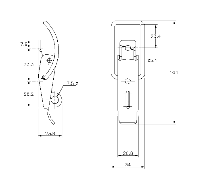 Toggle latch, steel, L=104, B=34, H=23,8, not adjustable
