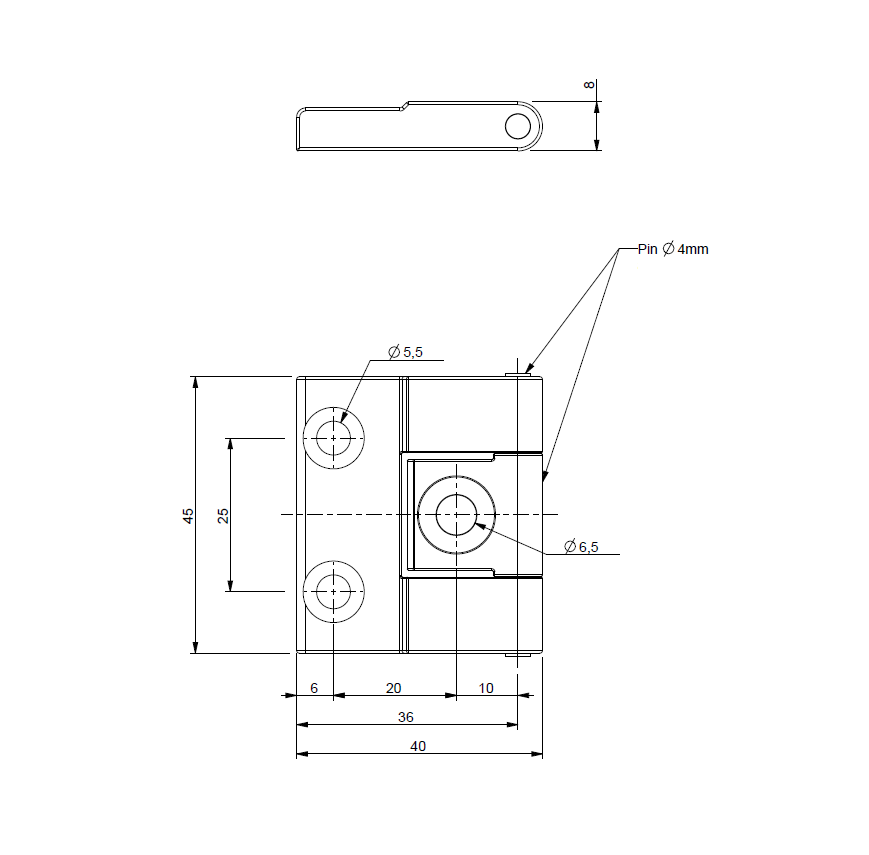 Cabinet hinge, die-cast zinc, flush door - visible, fixed pin, L=45, B=40, H=8