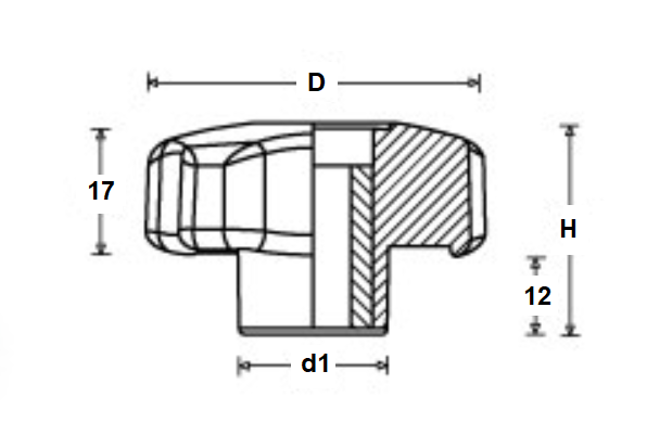 Star Knob, polyamide, through thread M8, D=40 mm, H=29mm