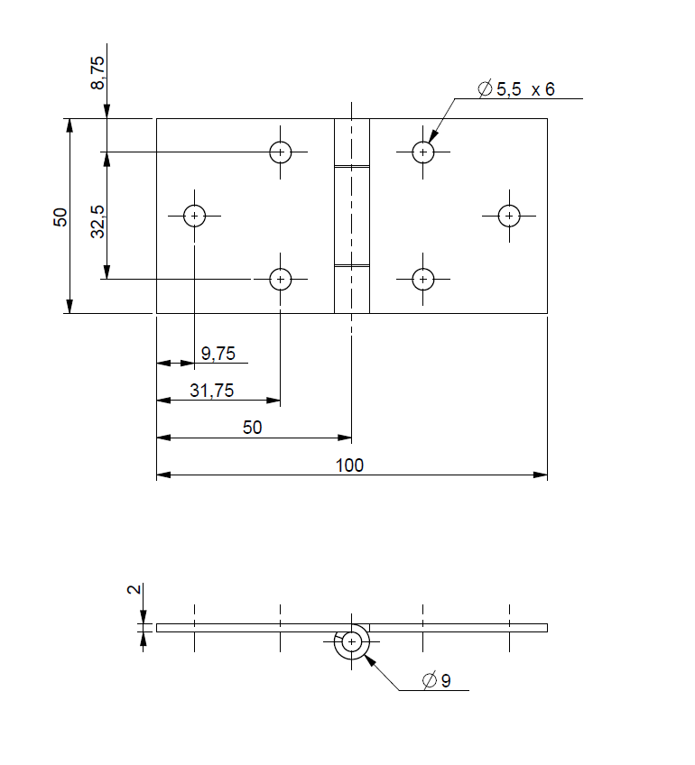 Butt hinge w/holes, stainless steel, L=50, B=100, T=2