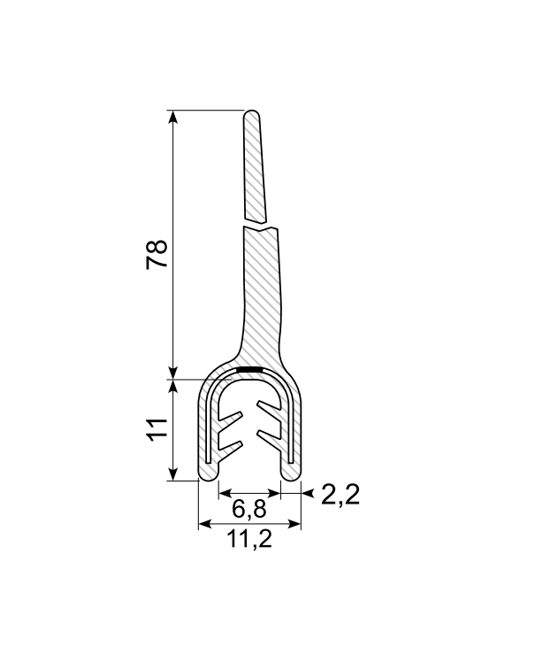 Edge profile w/top lip, EPDM, clamping width = 2 - 4mm