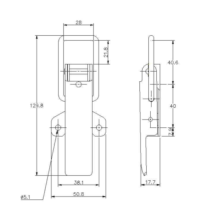 Toggle latch, steel, L=129,8, B=50,8, H=17,7, not adjustable